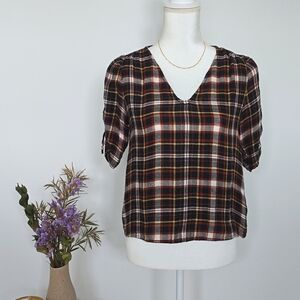 Madewell Plaid Cinch-Sleeve V-Neck Top